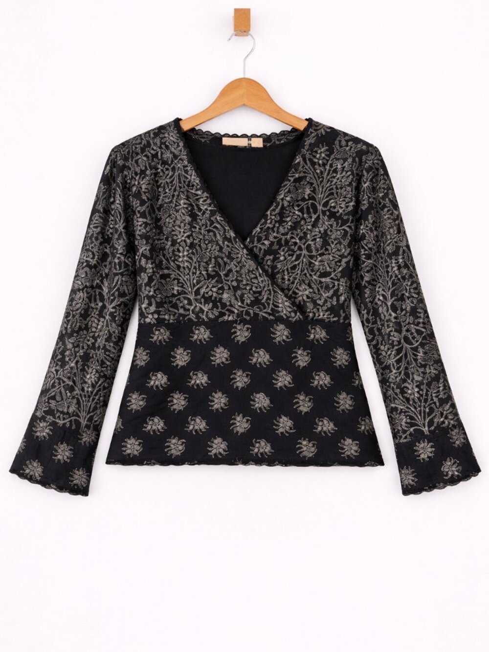 NORDSTROM Black Floral Print Lace Trim Boho Bell Sleeve Blouse XL‎